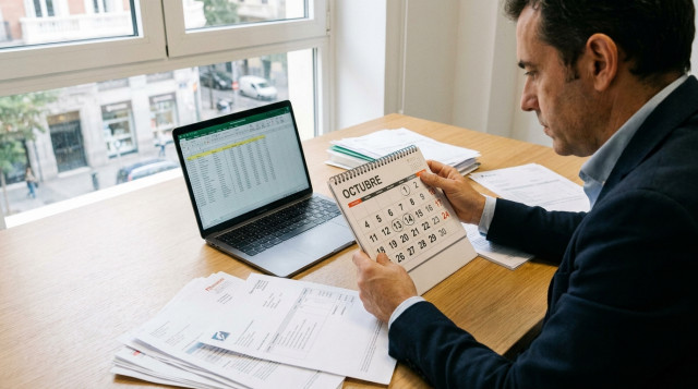persona consultando el calendario fiscal de octubre con documentos de facturación y ordenador portátil