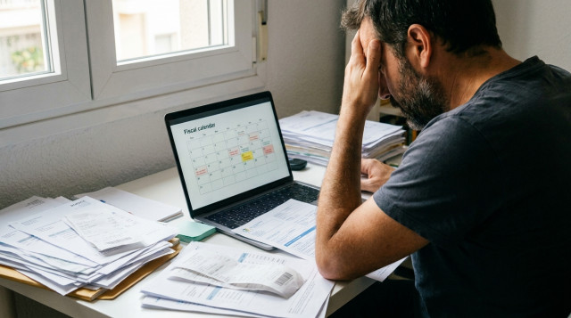 autónomo revisando facturas y liquidaciones del calendario fiscal de octubre frente al ordenador