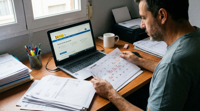 autónomo revisando facturas trimestrales y el calendario fiscal de octubre en su ordenador de trabajo