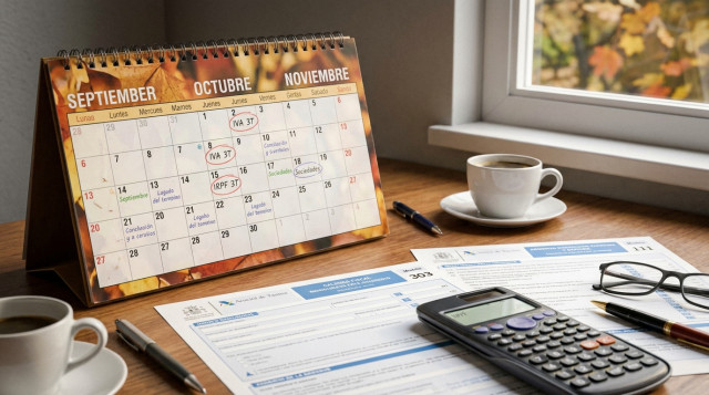 Primer plano de un calendario fiscal de otoño con documentos tributarios y calculadora sobre un escritorio de oficina