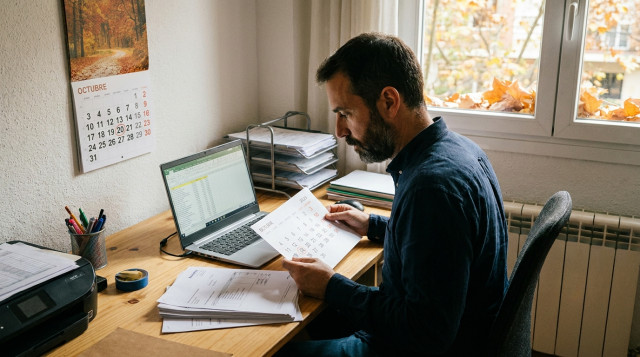 profesional autónomo revisando facturas y el calendario fiscal de otoño en un escritorio de trabajo con ordenador portátil
