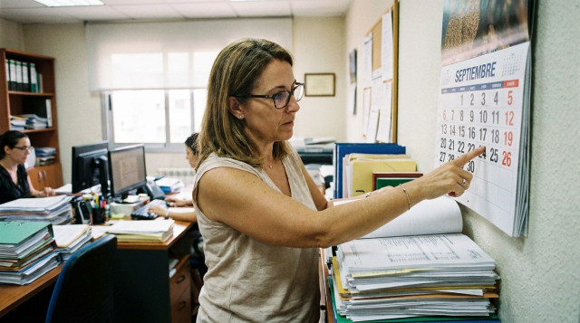 Persona revisando documentos contables y el calendario fiscal de septiembre en una oficina de asesoría tributaria