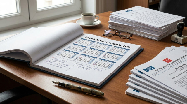 mesa de despacho oficial con documentos del calendario laboral, boletines oficiales y un bolígrafo sobre el escritorio