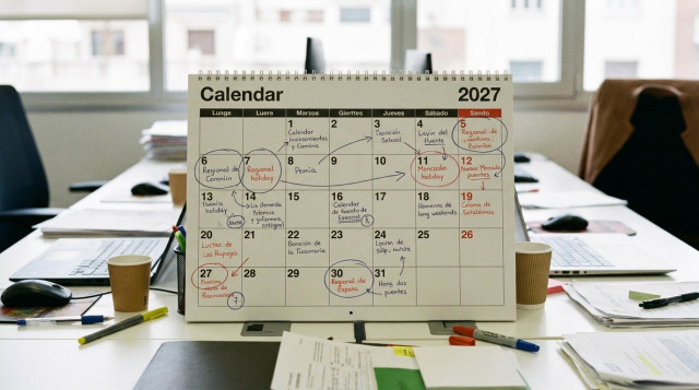 calendario laboral de 2027 sobre una mesa de oficina con anotaciones de festivos y puentes