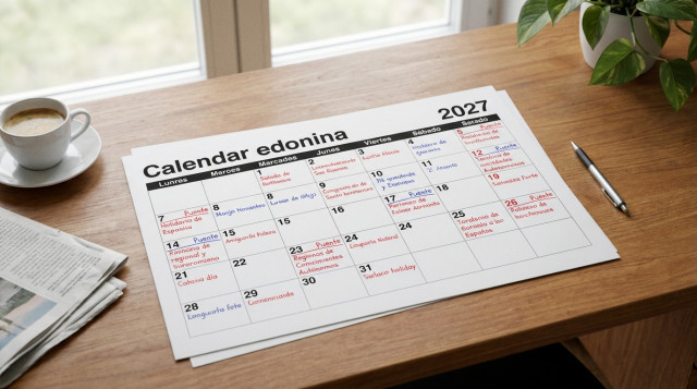 un calendario laboral impreso sobre un escritorio con anotaciones de festivos y puentes del año 2027