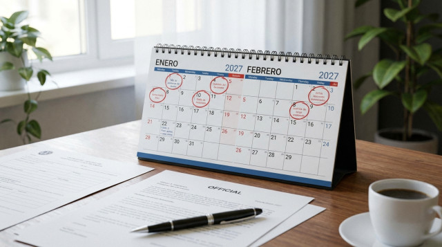 calendario de mesa profesional con marcadores de festivos y documentos laborales sobre un escritorio de oficina