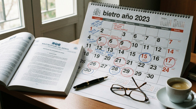 Ejemplar abierto del Boletín Oficial del Estado junto a un calendario laboral con anotaciones legales y jurídicas sobre mesa de oficina