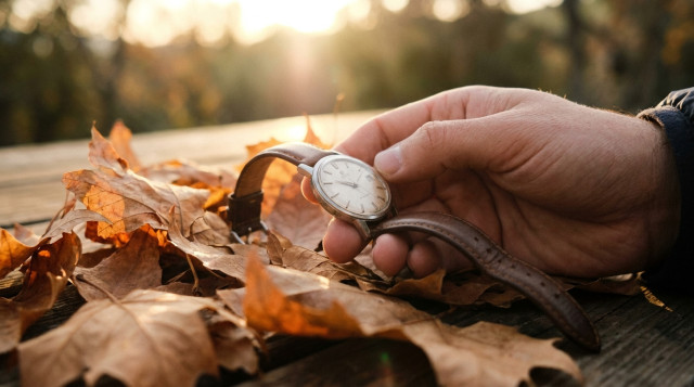 Primer plano de un reloj de pulsera clásico siendo ajustado hacia atrás con un fondo cálido de hojas secas otoñales y luz natural tenue.