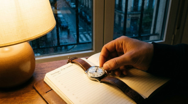 Primer plano de un reloj de pulsera clásico siendo retrasado de las tres a las dos de la madrugada con una agenda abierta