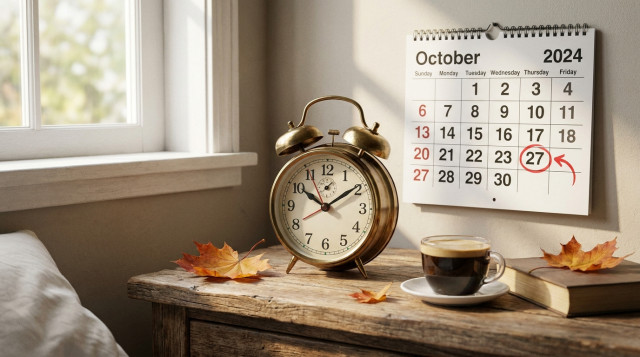 reloj despertador de estilo clásico junto a un calendario marcando la fecha del cambio de hora de octubre