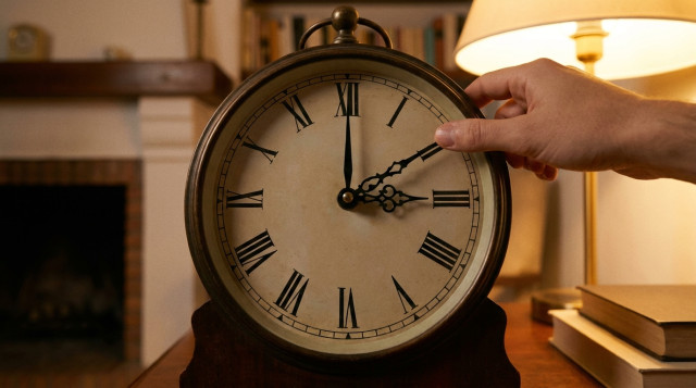 Detalle en primer plano de la esfera de un reloj analógico clásico marcando las tres de la madrugada con iluminación cálida de fondo en un entorno residencial