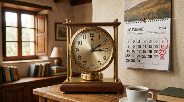 Reloj analógico clásico junto a un calendario de pared que señala el cambio de hora de octubre