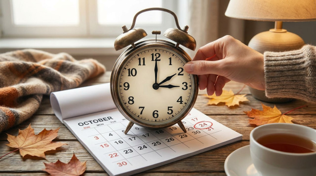 reloj analógico marcando las tres de la madrugada sobre un calendario de octubre