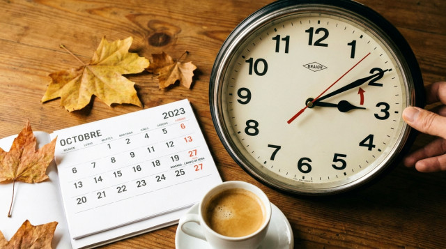 reloj clásico de pared marcando el cambio de hora de otoño junto a un calendario de octubre