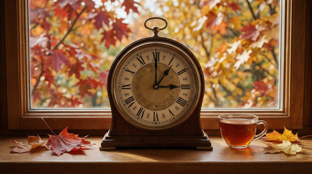 Primer plano de un reloj de mesa clásico con los números bien definidos marcando el cambio de hora de otoño junto a una ventana con hojas otoñales