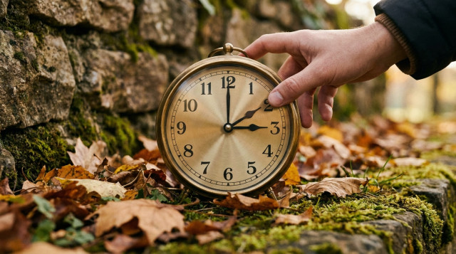 reloj analógico clásico marcando las tres de la madrugada con una mano ajustando la hora de invierno hacia atrás en un entorno otoñal