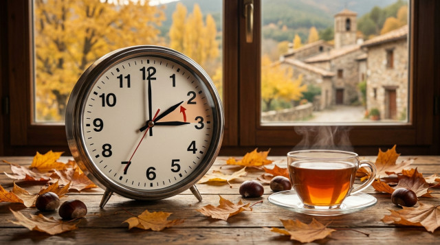 Reloj analógico clásico sobre fondo otoñal con manecillas marcando el retroceso horario de otoño en España