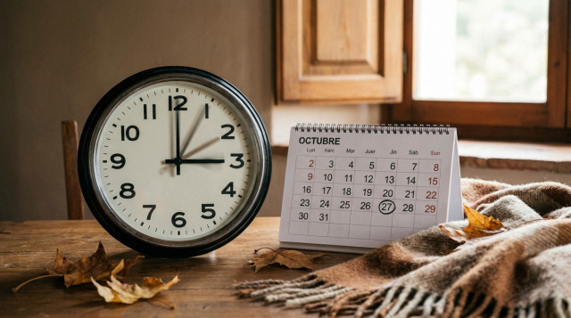 reloj analógico vintage marcando las tres de la madrugada con manecillas en movimiento junto a un calendario de otoño