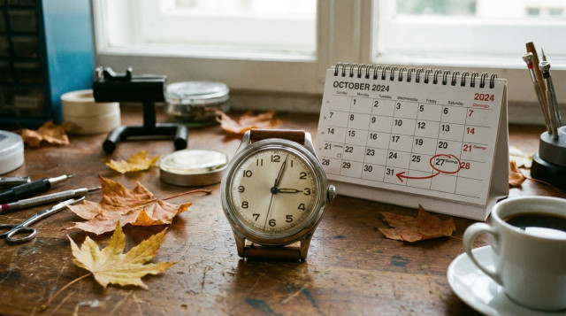 primer plano de reloj de pulsera clasico sobre mesa de trabajo junto a calendario con las manecillas marcando el cambio de hora de otono