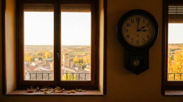 reloj de pared marcando el cambio de hora de otoño en España junto a una ventana al amanecer