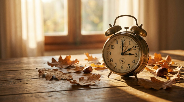 reloj despertador antiguo marcando el cambio de hora de otoño junto a hojas secas y luz suave matinal