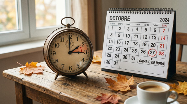 reloj analógico sobre una mesa de madera con las manecillas marcando el cambio de hora en octubre junto a un calendario oficial