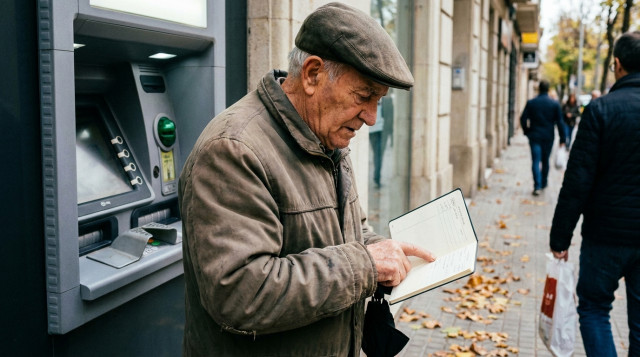 pensionista consultando el extracto bancario en una libreta de ahorros frente a un cajero automático en España