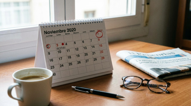 calendario de mesa señalando el 1 de noviembre en domingo y el lunes 2 festivo laboral