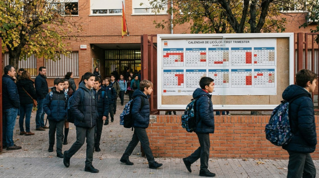 Alumnos saliendo del colegio con mochilas frente al panel informativo del calendario escolar del trimestre