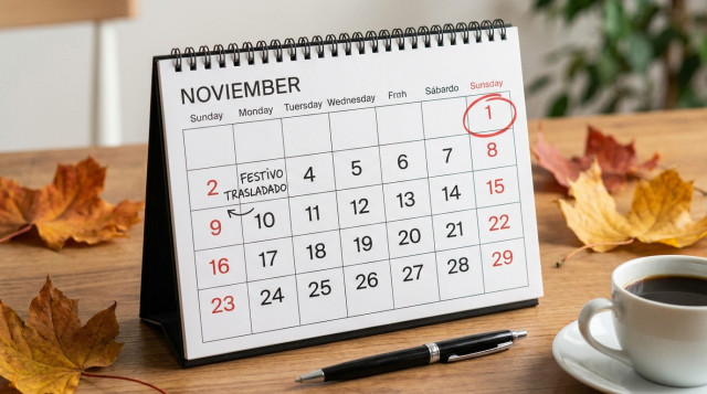 calendario de mesa abierto en el mes de noviembre con el domingo 1 y el lunes 2 señalados en detalle