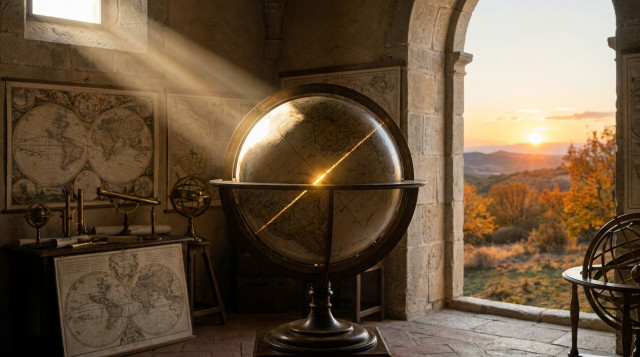 Esfera celeste y representación astronómica del equinoccio de otoño con la trayectoria solar en España