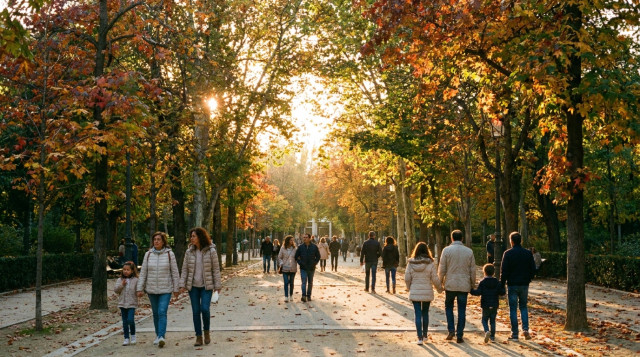 parque urbano en España con hojas otoñales en el suelo y luz suave de atardecer durante el equinoccio de otoño