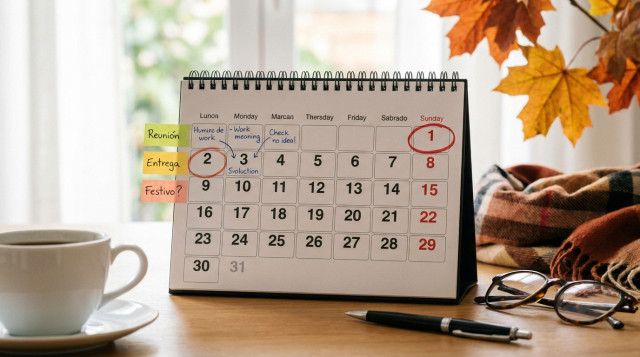 calendario de mesa señalando el 1 de noviembre en domingo y el lunes 2 de noviembre rodeado de notas de trabajo