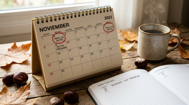 Vista otoñal de un calendario de mesa señalando el mes de noviembre con el domingo 1 y el lunes 2 destacados junto a un cuaderno de planificación laboral