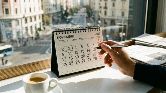 calendario de mesa señalando el 1 de noviembre en domingo y el 2 de noviembre como día laboral