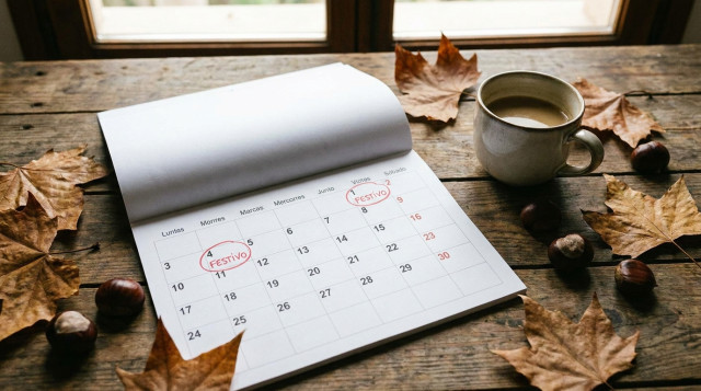 Calendario impreso señalando el festivo del 1 de noviembre y el lunes de Todos los Santos con hojas otoñales alrededor