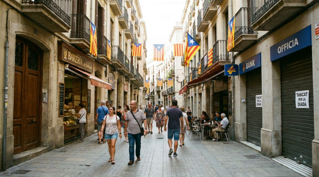 Fachada de comercios y calles peatonales con tránsito moderado durante el festivo del 11 de septiembre en Cataluña