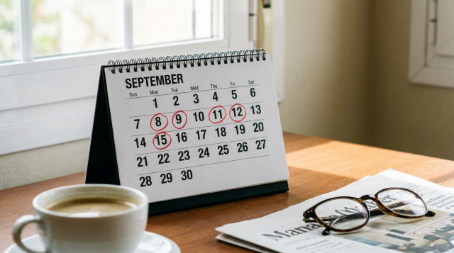 Calendario de mesa con las fechas del mes de septiembre marcadas en rojo para los festivos autonómicos