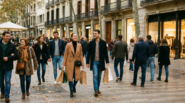 Tiendas y centros comerciales abiertos con público en un día festivo de otoño en España