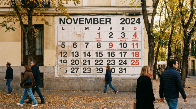personas paseando bajo árboles otoñales con un calendario laboral de fondo destacando los festivos de noviembre