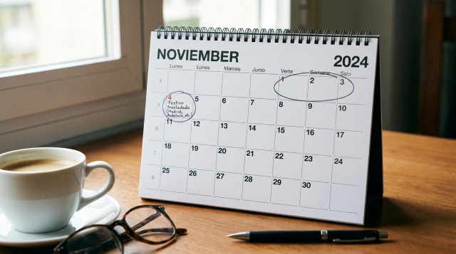 calendario de mesa abierto en el mes de noviembre con el primer fin de semana señalado y anotaciones sobre festivos laborales
