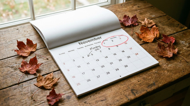 Calendario de pared abierto en el mes de noviembre con el primer fin de semana resaltado y hojas secas de otoño alrededor