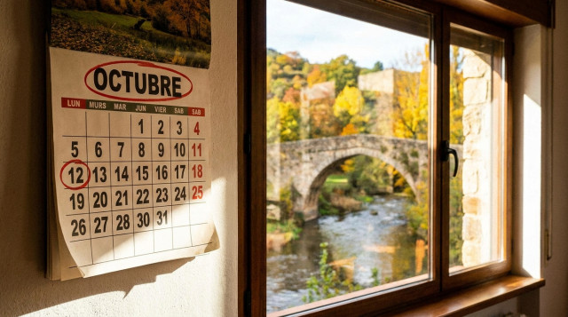 Calendario de pared señalando el lunes 12 de octubre con vistas al puente otoñal