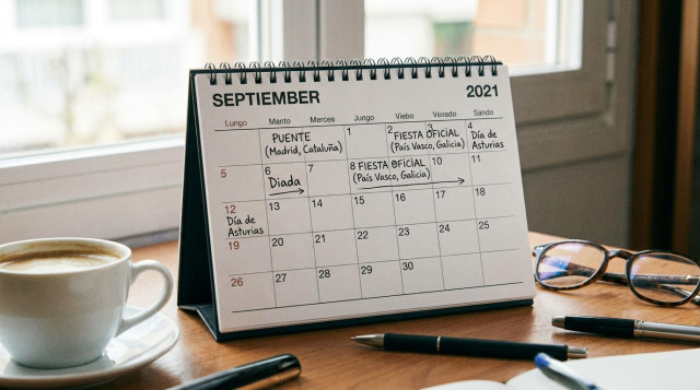calendario de mesa abierto en el mes de septiembre con anotaciones sobre días festivos y puentes laborales