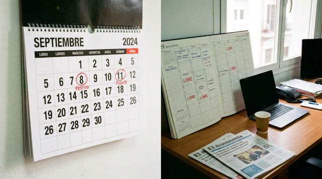 Calendario de pared abierto en el mes de septiembre con las fechas del 8 y del 11 destacadas junto a una libreta de planificación laboral