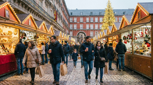 viajeros paseando por un mercado navideño iluminado en el macro puente de diciembre
