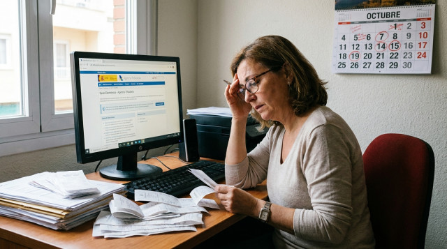 Persona revisando facturas trimestrales frente a un ordenador con la sede electrónica de la Agencia Tributaria en pantalla y un calendario de octubre marcado