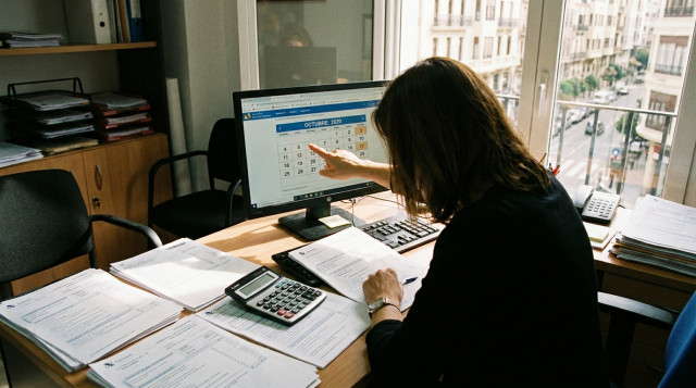 persona revisando facturas y liquidaciones del calendario fiscal en un ordenador con calculadora y documentos oficiales