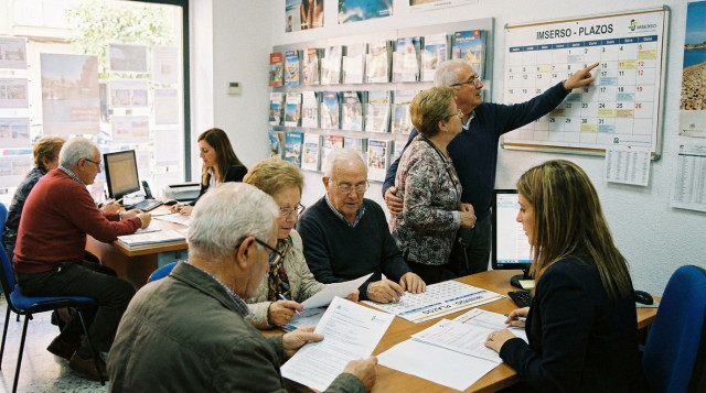personas mayores consultando la documentación oficial y los plazos del Imserso en una agencia de viajes