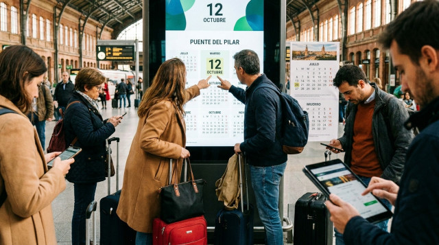 viajeros consultando el calendario de reservas hoteleras para el puente del 12 de octubre en una estacion de tren